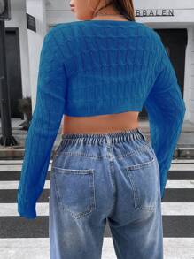 Flirla Plus Size Solid Color Cable Knit Casual Lightweight Long Sleeve Cardigan - Royal Blue - View 2