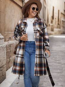SHEIN VCAY Plus Size Fall/Winter Colorful Plaid Casual Mid-Length Belted Warm Coat - Red - View 8