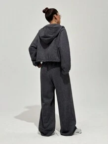 StreetHx 2 pièces/Set Style de rue pour femmes Sweat-shirt à capuche en molleton court + Pantalon de survêtement taille haute jambe large