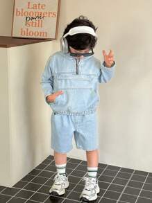Young Boys Casual Light Wash Denim Two-Piece Outfit With Hooded Zipper Jacket And Bermuda Shorts - Light Wash - View 4