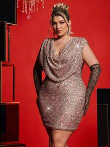 SHEIN Belle Vestito elegante e sexy da donna taglie forti con scollo profondo drappeggiato, spalline imbottite, abito da cerimonia con decorazioni in rilievo pesanti, adatto per eventi di gala, abito da invitata a matrimonio - Rosa antico - Visualizzare 6