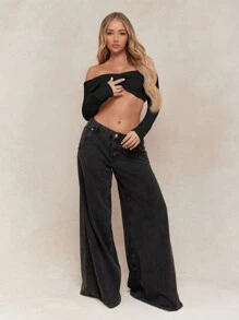 MISSGUIDED Top corto de mangas largas con detalle de nudo retorcido y busto fruncido