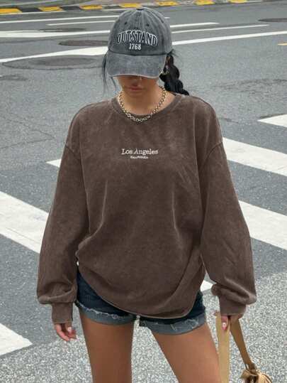 Muchica Vintage broderad rund hals långärmad stickad sweatshirt T-shirt för kvinnor