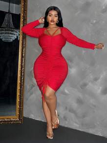 Slaydiva 大码女式性感镂空抽绳紧身长袖圣诞派对连衣裙 - 紅色 - 查看 4