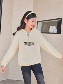 SHEIN Tween Girl Letter Embroidery Half Zip Teddy Sweatshirt - Beige - View 5