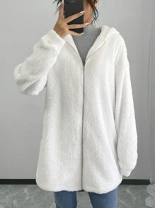 SHEIN LUNE Jaqueta com Capuz Feminina com Decoração de Orelha de Coelho, Design de Bolsos com Zíper de Manga Longa, Costura Lateral, Tecido de Fleece Quente para Uso Casual Diário, Outono/Inverno