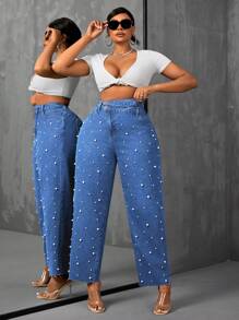 SHEIN Essnce Quần Jeans Thường Ngày Size Lớn Cài Nút Ngọc Trai Giả Phía Trước - Màu xanh lam - Xem 1