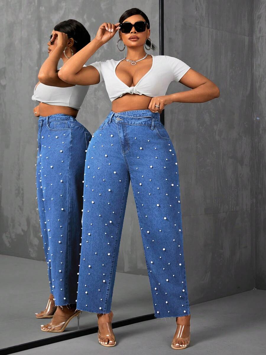 SHEIN Essnce Quần Jeans Thường Ngày Size Lớn Cài Nút Ngọc Trai Giả Phía Trước - Màu xanh lam - Xem 1