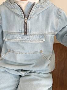 Young Boys Casual Light Wash Denim Two-Piece Outfit With Hooded Zipper Jacket And Bermuda Shorts - Light Wash - View 7