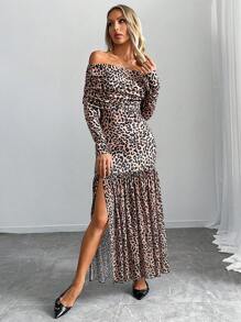 SHEIN Unity فستان للنساء طويل الأكمام بتصميم مربوط البرقبة، بنمط جلد النمر متقطع، قماش شبكي ومكسرات، قُصّ جانبي - بني - مشاهدة 6