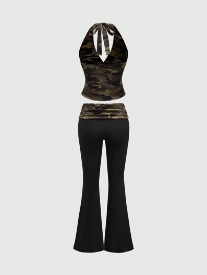 Grunge Punk Conjunto de 2 piezas para mujer con top corto con cuello de halter drapeado en la cintura y estampado de leopardo, y pantalones de campana de tiro súper bajo con estampado de leopardo, en estilo Y2K
