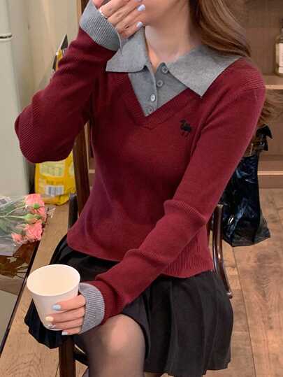 DAZY Women Splicing Contrast Color 2 In 1 Long Sleeve Pattern Embroidery Sweater,Long Sleeve Tops,Fall Women Clothes