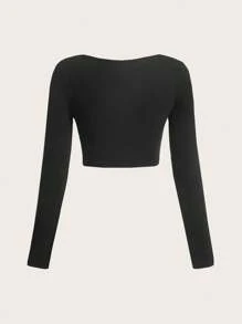 SHEIN EZwear Camiseta de manga larga ajustada de cuello redondo tejida en colores múltiples para mujer - Negro - Ver 4