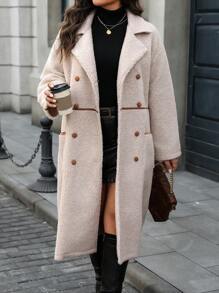 Flirla 大码女士优雅休闲通勤西装外套，法式立领双排扣蓬松饰边口袋长袖长外套，秋冬 - 杏色 - 查看 3