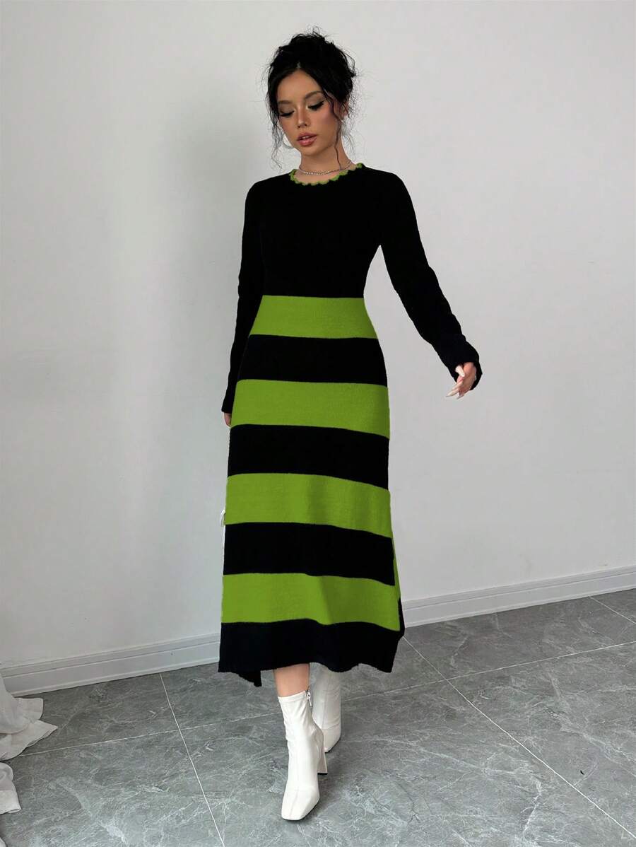 Elenzga Vestido de suéter tejido con bloque de color y rayas sencillas para mujer - Verde - Ver 1