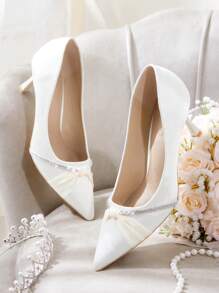 CUCCOO HITCHD Pointed Toe Rhinestone Bow Decor Women High Heel Pumps Prom Heels - White - View 2