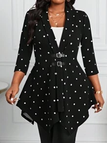 SHEIN Lady Plus Size Black Polka Dots Cardigan With Mid-Length Sleeves & Metal Buckle, Asymmetric Hem Women's Coat Fall Women Outfits Fall Outfits Going Out Outfits Winter Fall Women Clothes Winter Clothes For Women