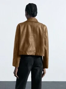 Maija Women Solid Color PU Leather Single Breasted Short Jacket,Shades Of Brown,Autumn,Streetwear,Everyday Fashionable Versatile Casual Top - Brown - View 3