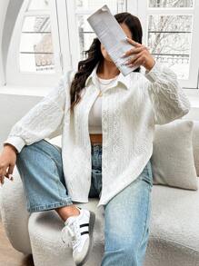 SHEIN Frenchy Cămașă albă cu textura pentru femei de mărimi plus, îmbrăcăminte de stradă casual elegantă