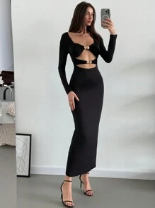 Aloruh Fashionable Long Sleeve Metal Button Hollow Out Bodycon Black Dress For Women