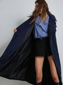 Aveloria Modichic Classic Style Casual Business Navy Blue Long Trench Coat For Women, Loose Fit Lapel Belted Long Sleeve Outerwear  - Navy Blue - View 8