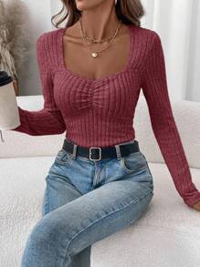 SHEIN LUNE 1 件女式保暖内衬罗纹高领紧身连身衣，驼色，秋冬 - 紅色 - 查看 1