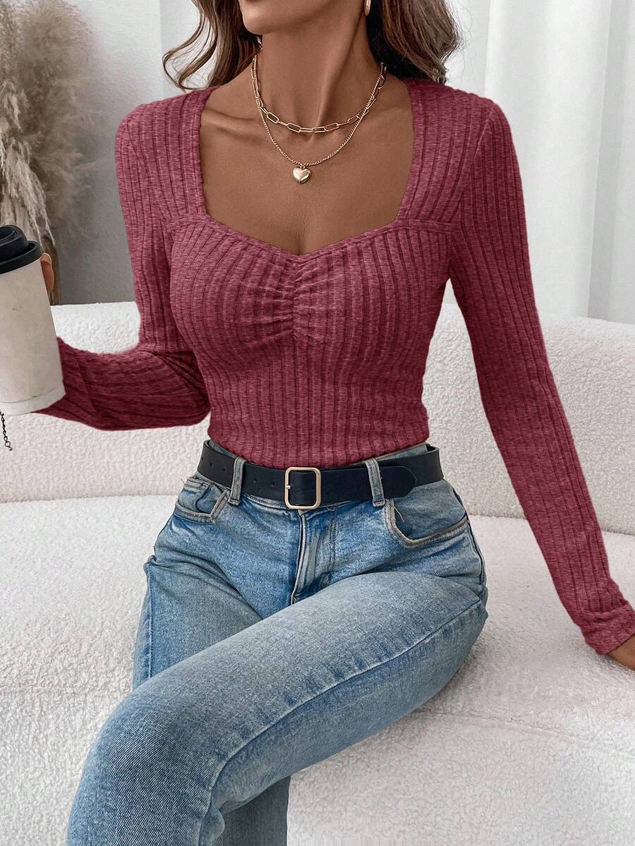 SHEIN LUNE 1 件女式保暖内衬罗纹高领紧身连身衣，驼色，秋冬 - 紅色 - 查看 1