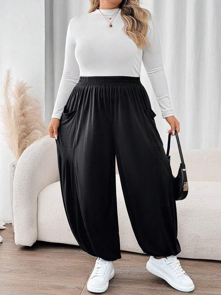 SHEIN CURVE+ Plus Size Black Loose Knit Long Women Jogger Pants - Black - View 6
