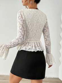 Chiquease 女式秋季方领喇叭袖口优雅蕾丝荷叶边饰边上衣荷叶边上衣