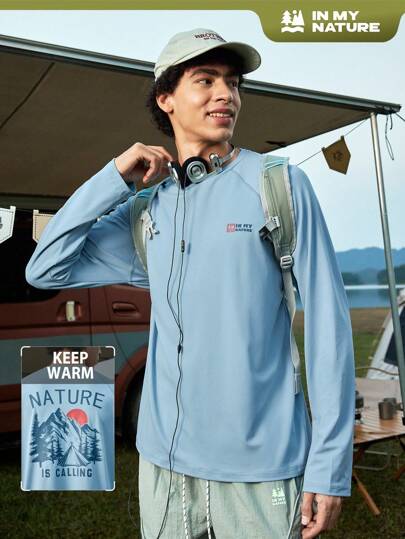 In My Nature 男士字母印花圆领插肩袖户外 T 恤，长袖图案衬衫