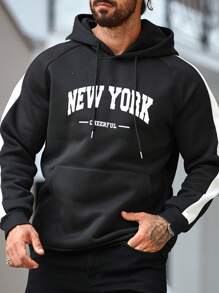 Manfinity Homme 大码男士休闲街头连帽运动衫，带字母印花、插肩袖、袋鼠口袋、抽绳 - 黑色 - 查看 3