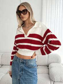 SHEIN Essnce 女士休闲宽松条纹高领蝙蝠袖长袖毛衣，休闲毛衣温暖易搭配，适合日常街头、通勤、居家圣诞毛衣秋冬 - 紅白色 - 查看 4