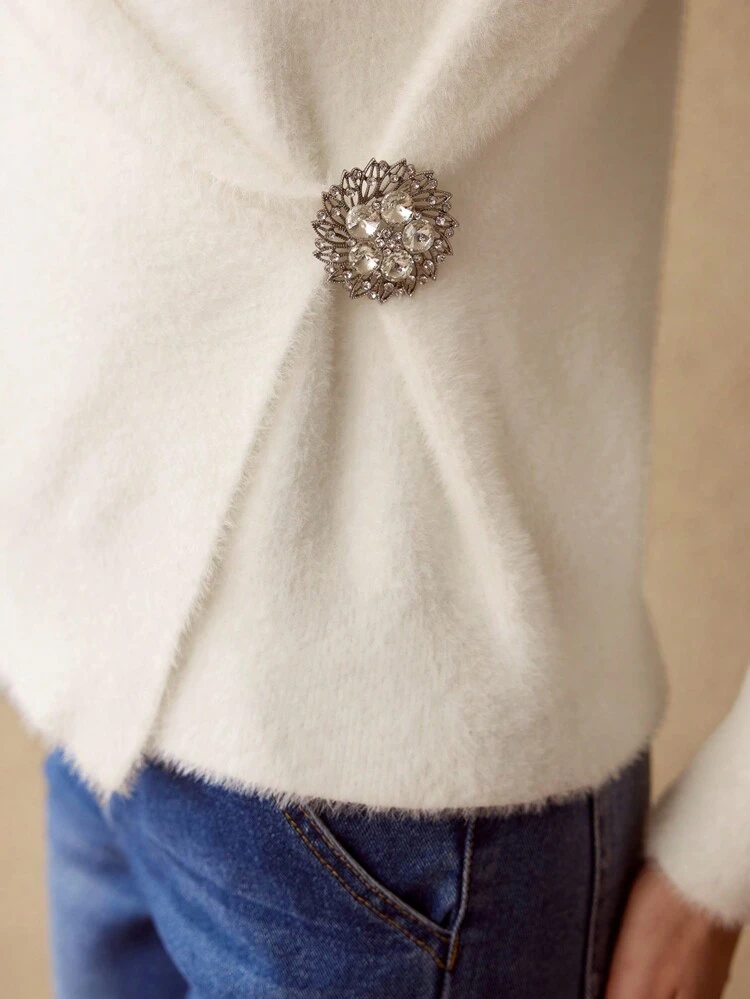 CARDIGAN CON CUELLO DE MARINERO SÓLIDO, ENVOLVER CON RHINESTONES A LOS LADOS