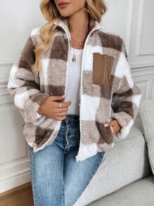 SHEIN LUNE Stand Collar Zipper Front Pocket Plaid Double-Faced Wool Jacket, Casual And Elegant Outerwear Suitable For Outdoor And Home, Warm For Women In Autumn And Winter