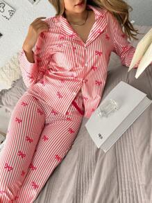 SweetSlumber Bow Stripe Print Front Button Long Sleeve Top And Pants Women Pajama Sets Cozy And Elegant Details, Fall Clothes - Red - View 4