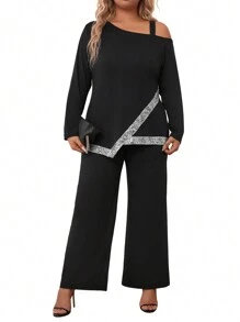 2-częściowy zestaw damski w dużych rozmiarach, top z asymetrycznym dołem i luźne spodnie z cekinami, modny, jesienny - Czarne - Zobacz 1
