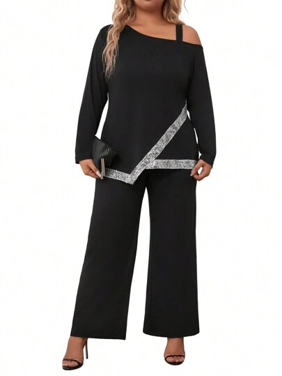 2pcs Plus Size Women Set, Sequin Patchwork Asymmetric Hem Top And Loose Pants, Fashionable, Autumn Fall Cloth For Women