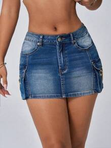SHEIN ICON Váy denim mini gợi cảm thêu hình bướm có túi bó - Rửa trung bình - Xem 5