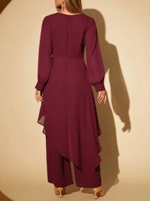 SHEIN Clasi 2pcs/Set Women Elegant Round Neck Asymmetric Lantern Sleeve & Wide Leg Pants Women Clothes Set
