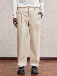 AKNOTIC Business Casual Men Loose Casual Khaki Cropped Tapered Pants, Suitable For Daily Wear With Metallic Split Decor Accessories - Khaki - View 4