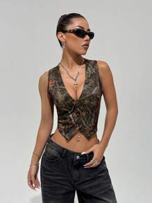 Flirla 女式树叶豹纹薄西装外套，秋季，街头风格