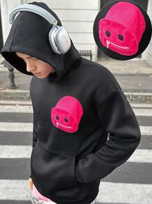 Manfinity VCAY Men's Knitted Fashionable Casual Daily Youth Loose Long Sleeve Hoodie, Going Out Black Graphic Hoodie, For Friends, Husband, Boyfriend Gifts, For Fall Winter - Black - View 1