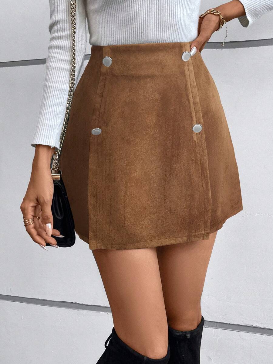 SHEIN Clasi Women Front Button Simple A-Line Skirt, Casual Daily Wear - Mocha Brown - View 1