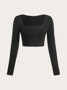 SHEIN EZwear Camiseta de manga larga ajustada de cuello redondo tejida en colores múltiples para mujer - Negro - Ver 8