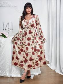 SHEIN Unity Vestido de terciopelo con cuello en V, recorte de volante y estampado floral en talla grande, vestido formal para fiesta/Navidad, otoño/invierno - Multicolor - Ver 6