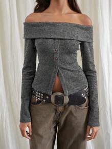 INAWLY Women Casual Open Shoulder Long Sleeve Split Hem Solid Color Blouse, For Daily Wear - Grey - View 3