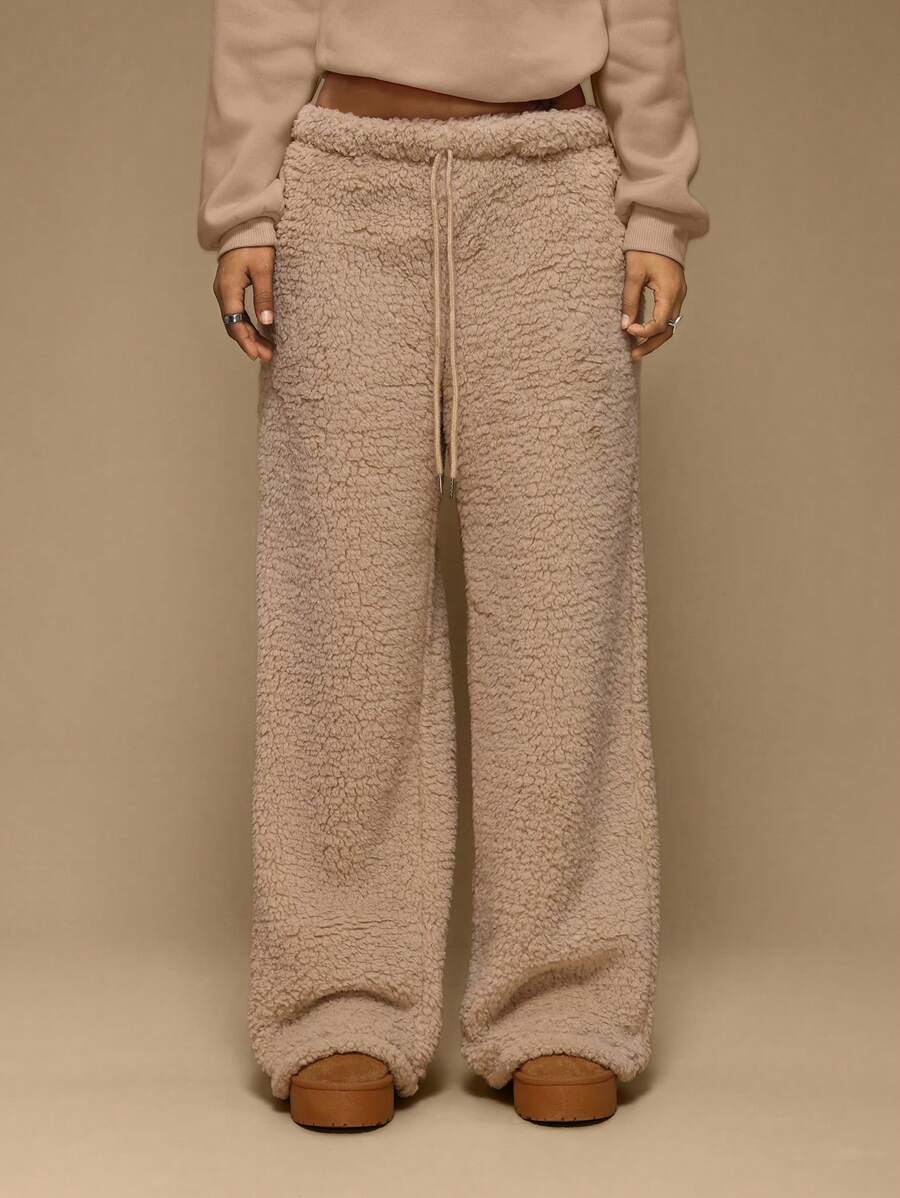 Forever 21 Damen Lässig einfarbige Sherpa-Fleece-Hose für den Winter