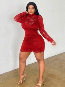 Slaydiva Plus Size Elegant Sexy Lace Mini Long Sleve Dress - Black - Red - View 5