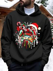 Manfinity Homme Fashion Casual Christmas Element Gamepad Graphic Hoodie For Men, Slim Fit, Black, Thermal Lined
