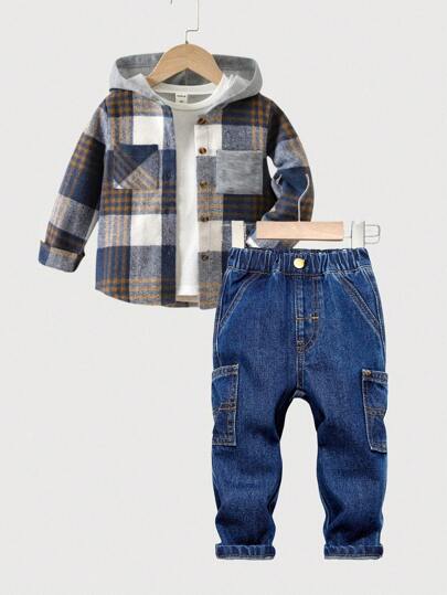Jeans ajustés pour bébé garçon, style minimaliste décontracté, tout-aller, avec poches cargo, lavage vintage, taille fuselée. Convient pour le quotidien, les fêtes et l'école. Automne/Hiver